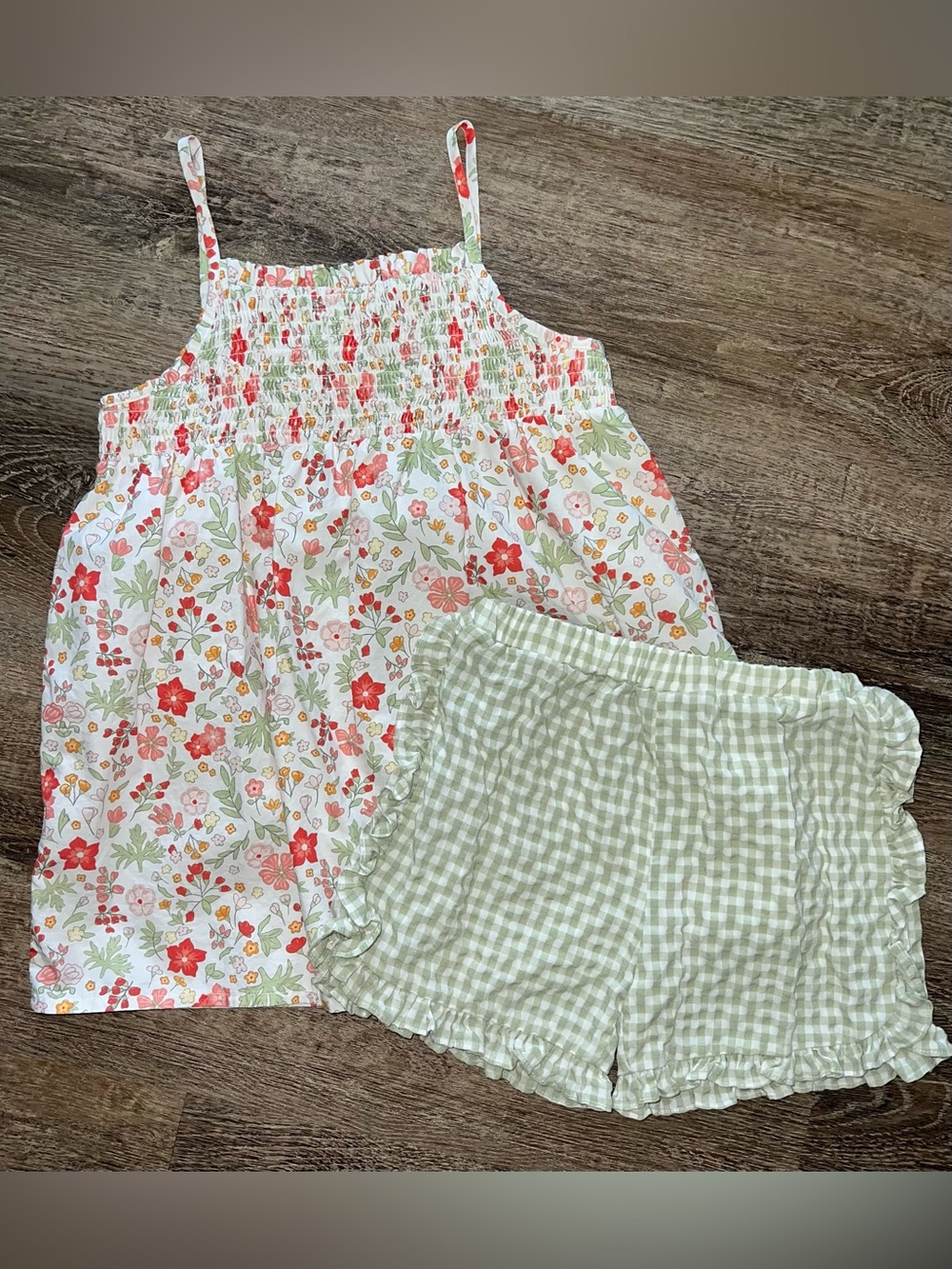 Girls Floral & Gingham Matching Set - White Multi & Light Green